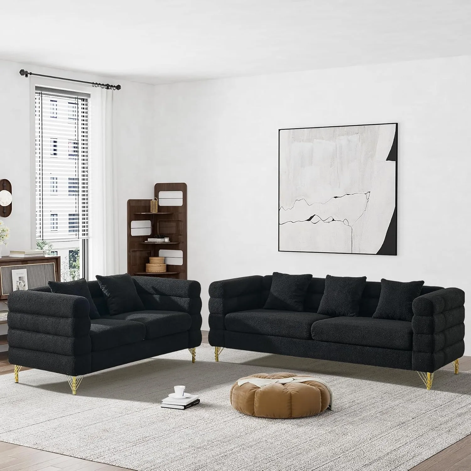 Living Room Sofa and Loveseat Set, Modern Overstuffed Boucle Sherpa Deep Seat Cloud Couch with 5 Pillows, Oversized Chesterfield Furniture Sets for Living Room Bedroom, Black Teddy