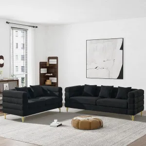 Living Room Sofa and Loveseat Set, Modern Overstuffed Boucle Sherpa Deep Seat Cloud Couch with 5 Pillows, Oversized Chesterfield Furniture Sets for Living Room Bedroom, Black Teddy
