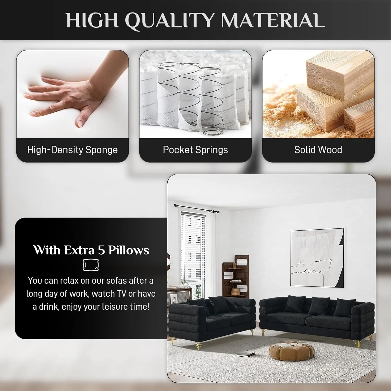 Living Room Sofa and Loveseat Set, Modern Overstuffed Boucle Sherpa Deep Seat Cloud Couch with 5 Pillows, Oversized Chesterfield Furniture Sets for Living Room Bedroom, Black Teddy