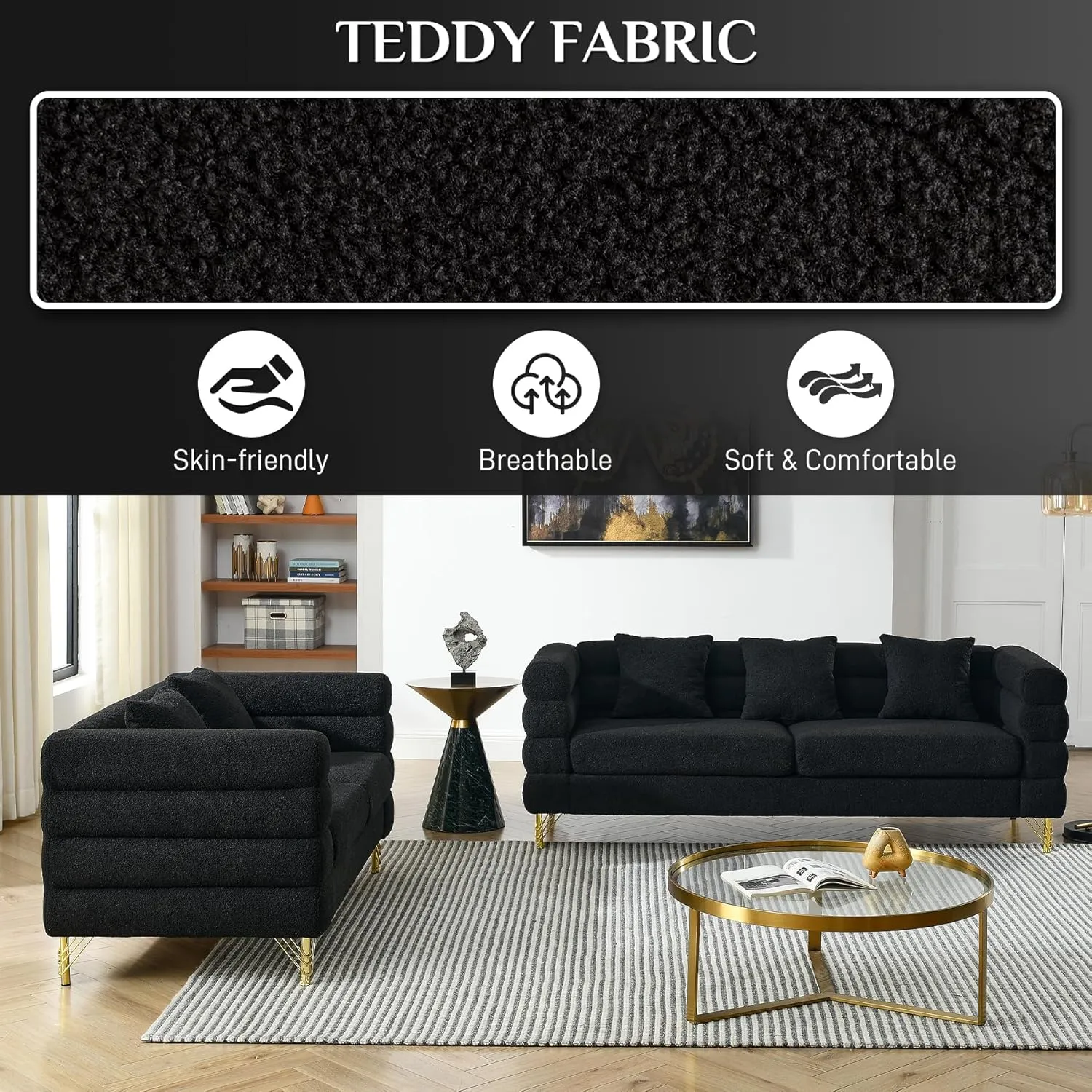 Living Room Sofa and Loveseat Set, Modern Overstuffed Boucle Sherpa Deep Seat Cloud Couch with 5 Pillows, Oversized Chesterfield Furniture Sets for Living Room Bedroom, Black Teddy