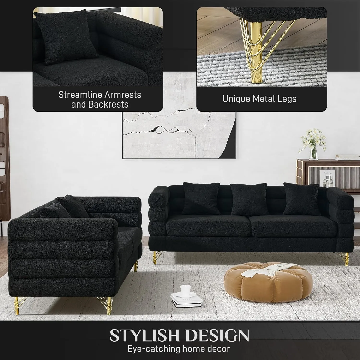 Living Room Sofa and Loveseat Set, Modern Overstuffed Boucle Sherpa Deep Seat Cloud Couch with 5 Pillows, Oversized Chesterfield Furniture Sets for Living Room Bedroom, Black Teddy