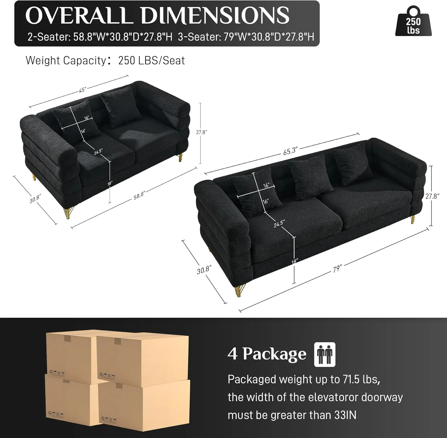 Living Room Sofa and Loveseat Set, Modern Overstuffed Boucle Sherpa Deep Seat Cloud Couch with 5 Pillows, Oversized Chesterfield Furniture Sets for Living Room Bedroom, Black Teddy
