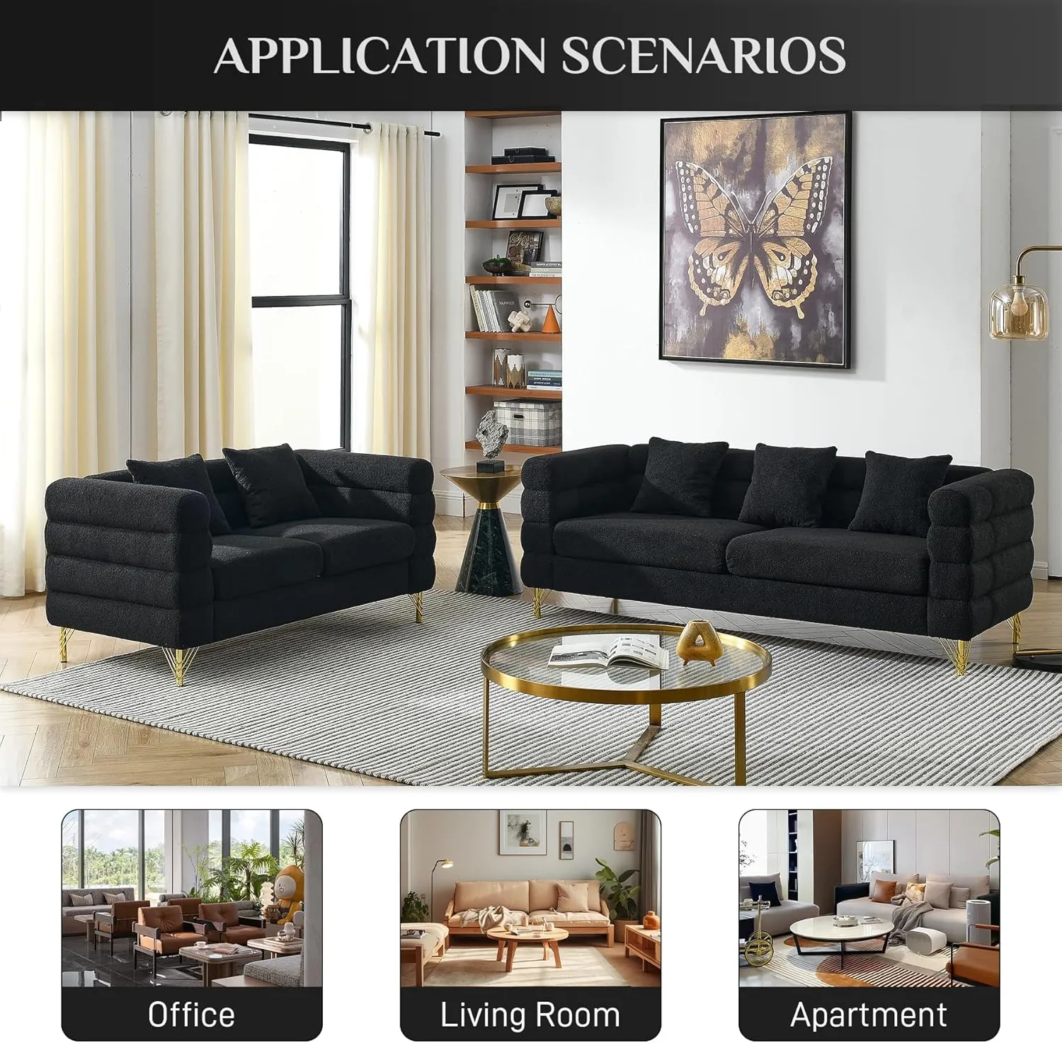 Living Room Sofa and Loveseat Set, Modern Overstuffed Boucle Sherpa Deep Seat Cloud Couch with 5 Pillows, Oversized Chesterfield Furniture Sets for Living Room Bedroom, Black Teddy
