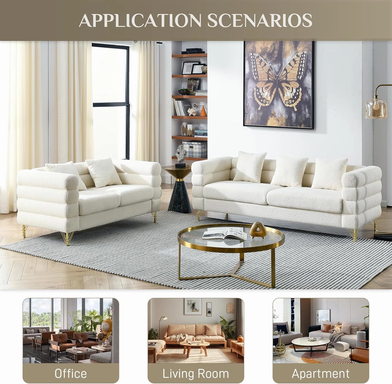 Living Room Sofa and Loveseat Set, Modern Overstuffed Boucle Sherpa Deep Seat Cloud Couch with 5 Pillows, Oversized Chesterfield Furniture Sets for Living Room Bedroom, White Teddy