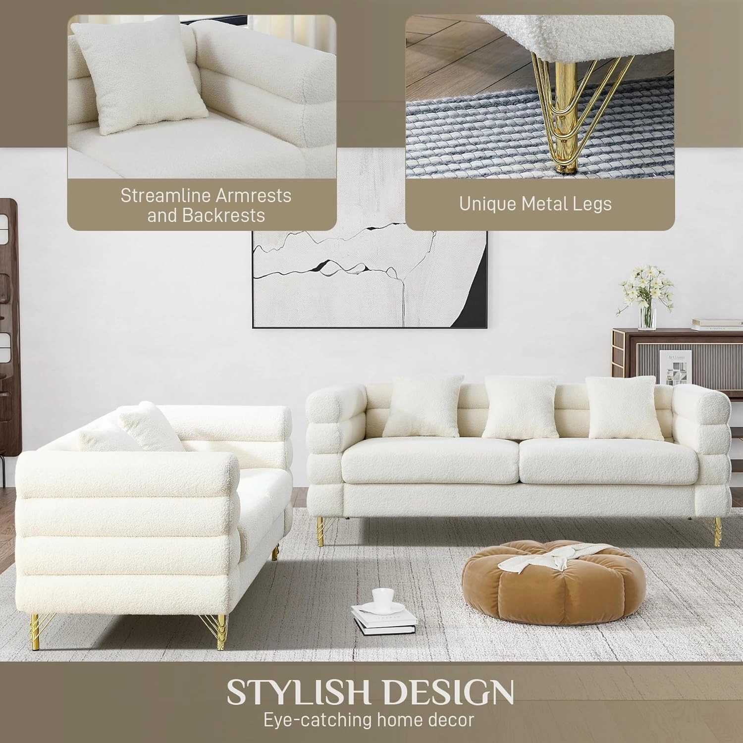 Living Room Sofa and Loveseat Set, Modern Overstuffed Boucle Sherpa Deep Seat Cloud Couch with 5 Pillows, Oversized Chesterfield Furniture Sets for Living Room Bedroom, White Teddy