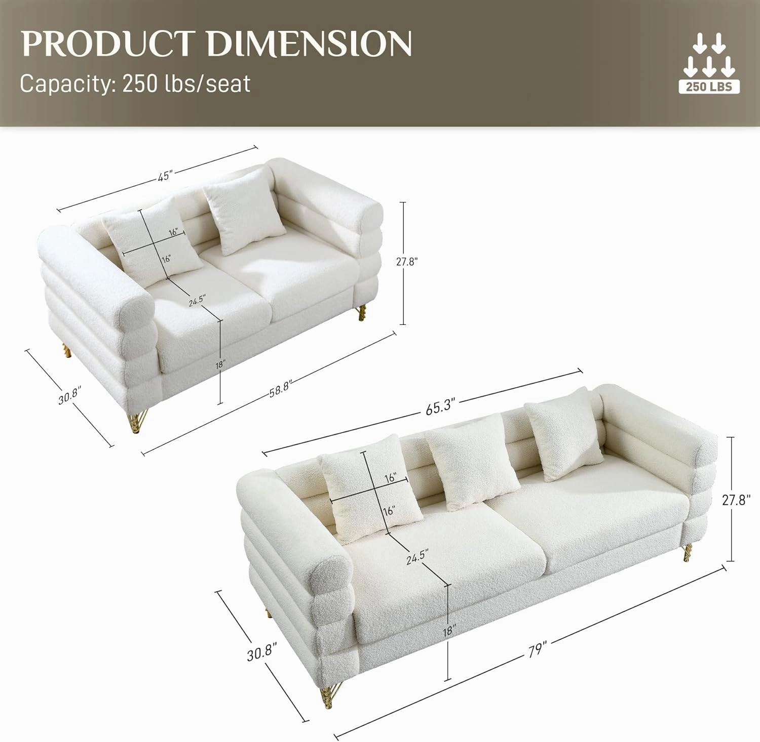 Living Room Sofa and Loveseat Set, Modern Overstuffed Boucle Sherpa Deep Seat Cloud Couch with 5 Pillows, Oversized Chesterfield Furniture Sets for Living Room Bedroom, White Teddy