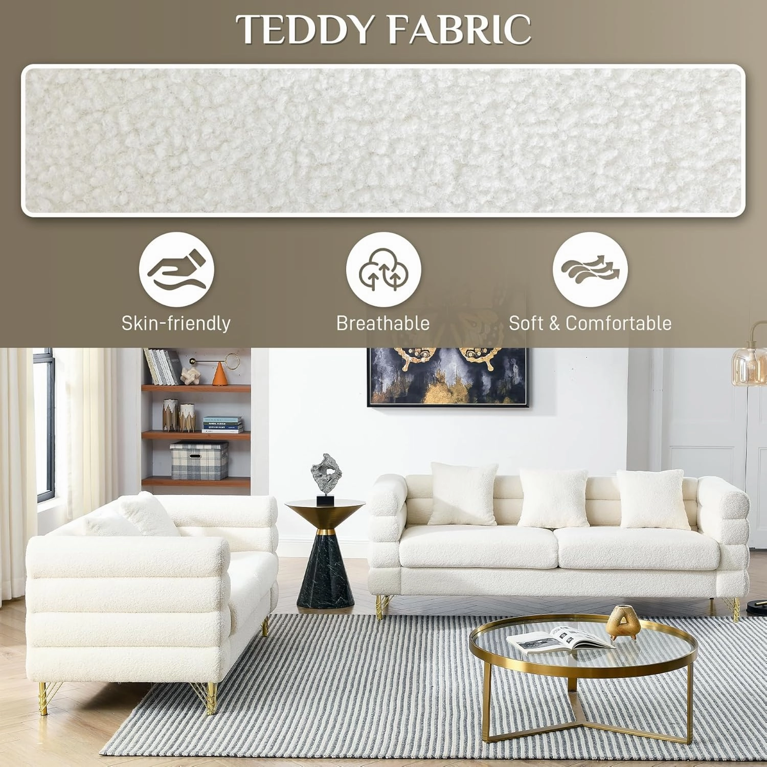 Living Room Sofa and Loveseat Set, Modern Overstuffed Boucle Sherpa Deep Seat Cloud Couch with 5 Pillows, Oversized Chesterfield Furniture Sets for Living Room Bedroom, White Teddy