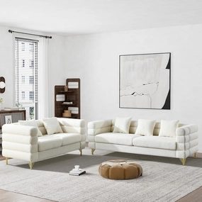 Living Room Sofa and Loveseat Set, Modern Overstuffed Boucle Sherpa Deep Seat Cloud Couch with 5 Pillows, Oversized Chesterfield Furniture Sets for Living Room Bedroom, White Teddy