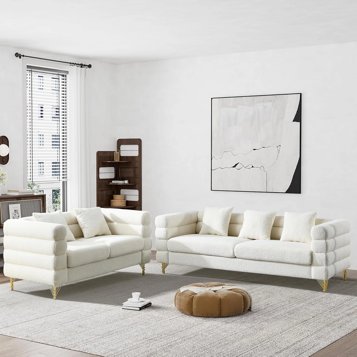 Living Room Sofa and Loveseat Set, Modern Overstuffed Boucle Sherpa Deep Seat Cloud Couch with 5 Pillows, Oversized Chesterfield Furniture Sets for Living Room Bedroom, White Teddy