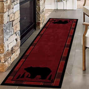 Lodge Cabin Black Bear Runner Rug, 2x6ft, Wildlife Bear Forest Woodland Hallway Rugs, Red and Black Buffalo Plaid Border Long Runner, Non-Slip Washable Farmhouse Floor Mats for Kitchen Bedroom