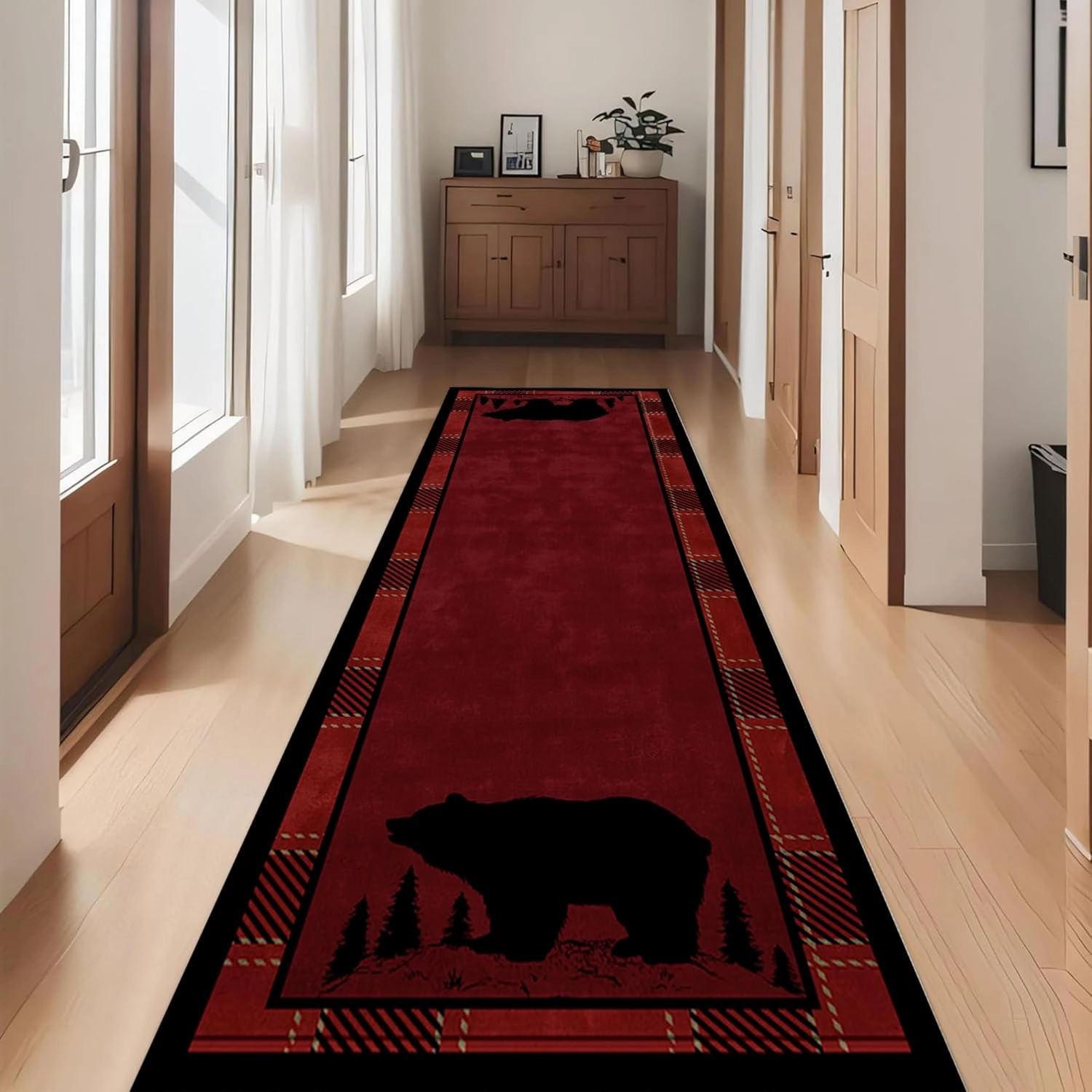 Lodge Cabin Black Bear Runner Rug, 2x6ft, Wildlife Bear Forest Woodland Hallway Rugs, Red and Black Buffalo Plaid Border Long Runner, Non-Slip Washable Farmhouse Floor Mats for Kitchen Bedroom