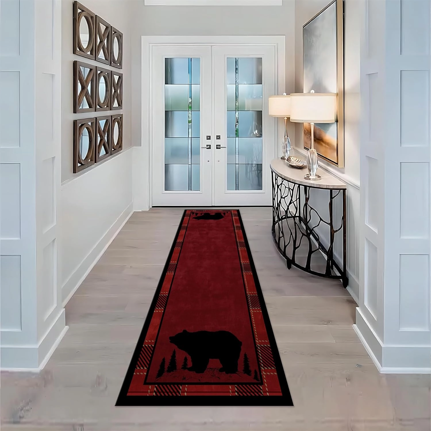 Lodge Cabin Black Bear Runner Rug, 2x6ft, Wildlife Bear Forest Woodland Hallway Rugs, Red and Black Buffalo Plaid Border Long Runner, Non-Slip Washable Farmhouse Floor Mats for Kitchen Bedroom