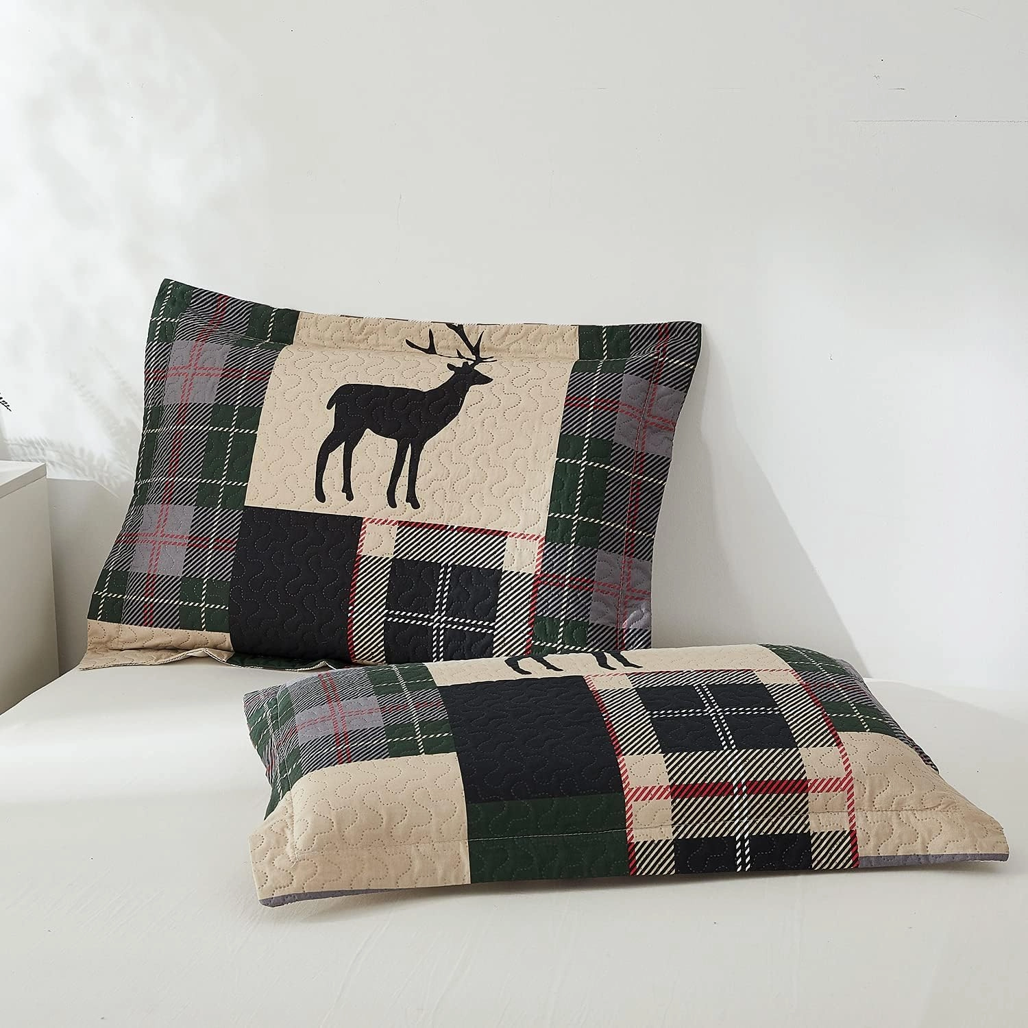 Lodge Quilt Set Full/QUEEN Size Plaid Patchwork Rustic Cabin Bedding Moose Deer Printed Beige Gingham Grid Bedspread Coverlet Soft Lightweight Reversible All Season Bed Sheet, 1 Quilt 2 Pillow Shams