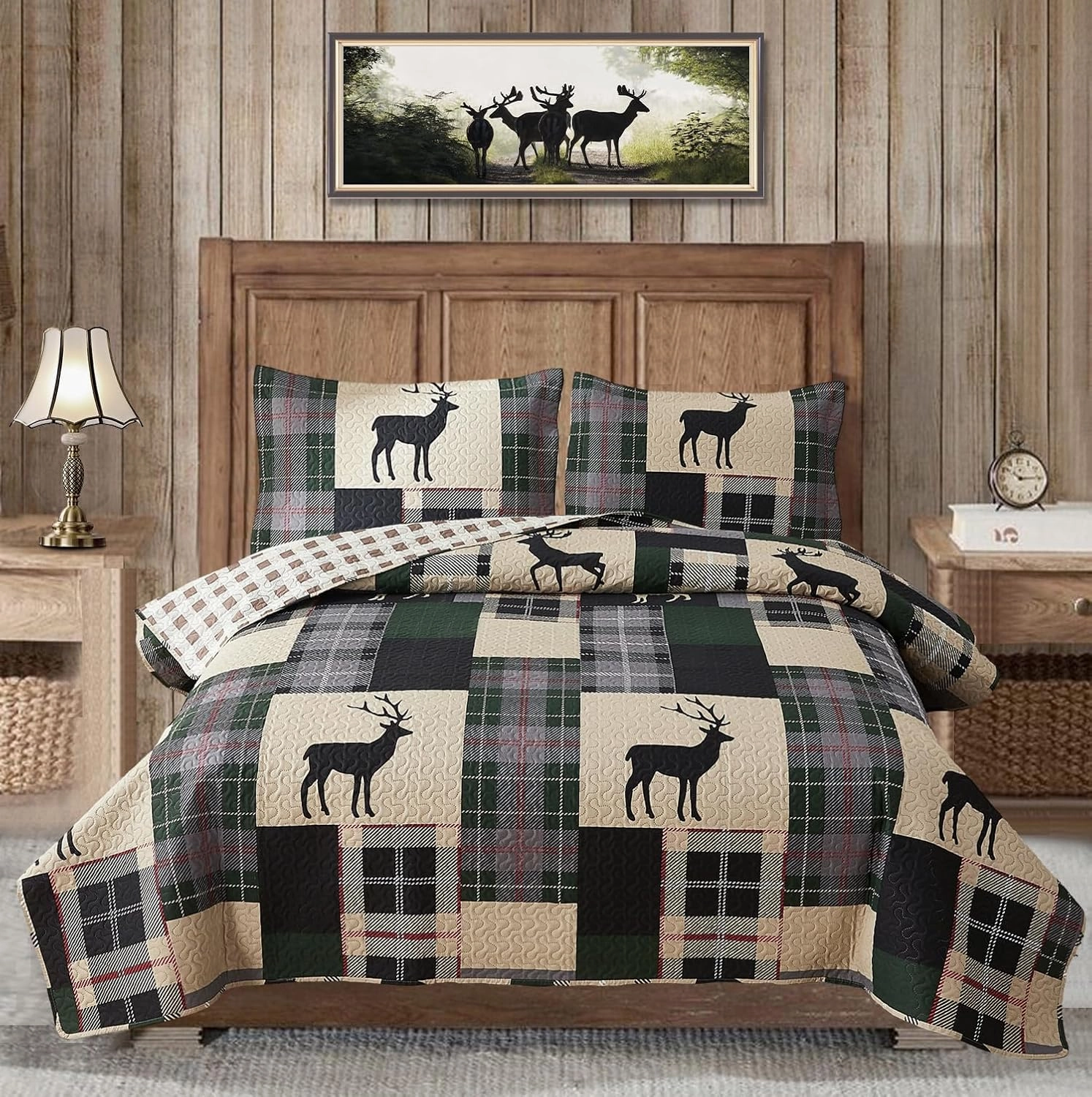 Lodge Quilt Set Full/QUEEN Size Plaid Patchwork Rustic Cabin Bedding Moose Deer Printed Beige Gingham Grid Bedspread Coverlet Soft Lightweight Reversible All Season Bed Sheet, 1 Quilt 2 Pillow Shams