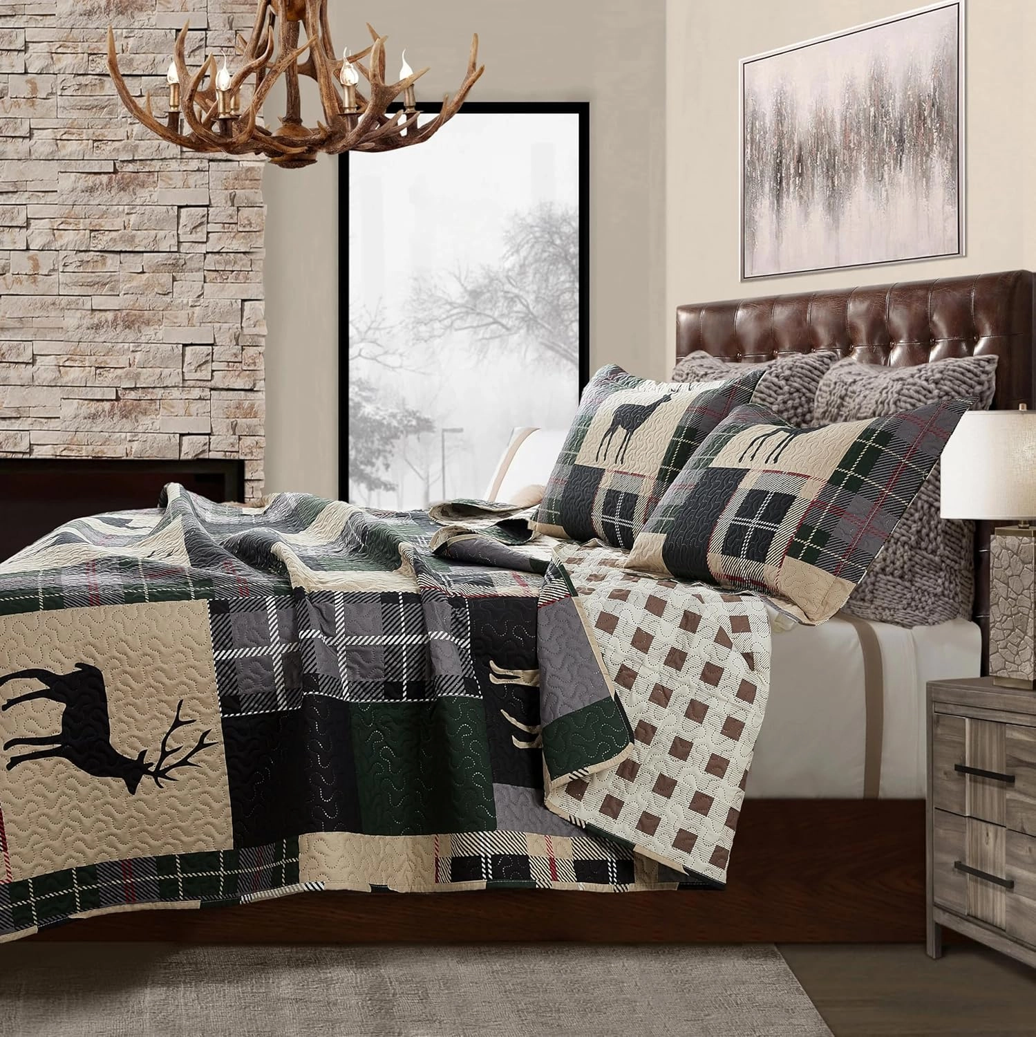 Lodge Quilt Set Full/QUEEN Size Plaid Patchwork Rustic Cabin Bedding Moose Deer Printed Beige Gingham Grid Bedspread Coverlet Soft Lightweight Reversible All Season Bed Sheet, 1 Quilt 2 Pillow Shams