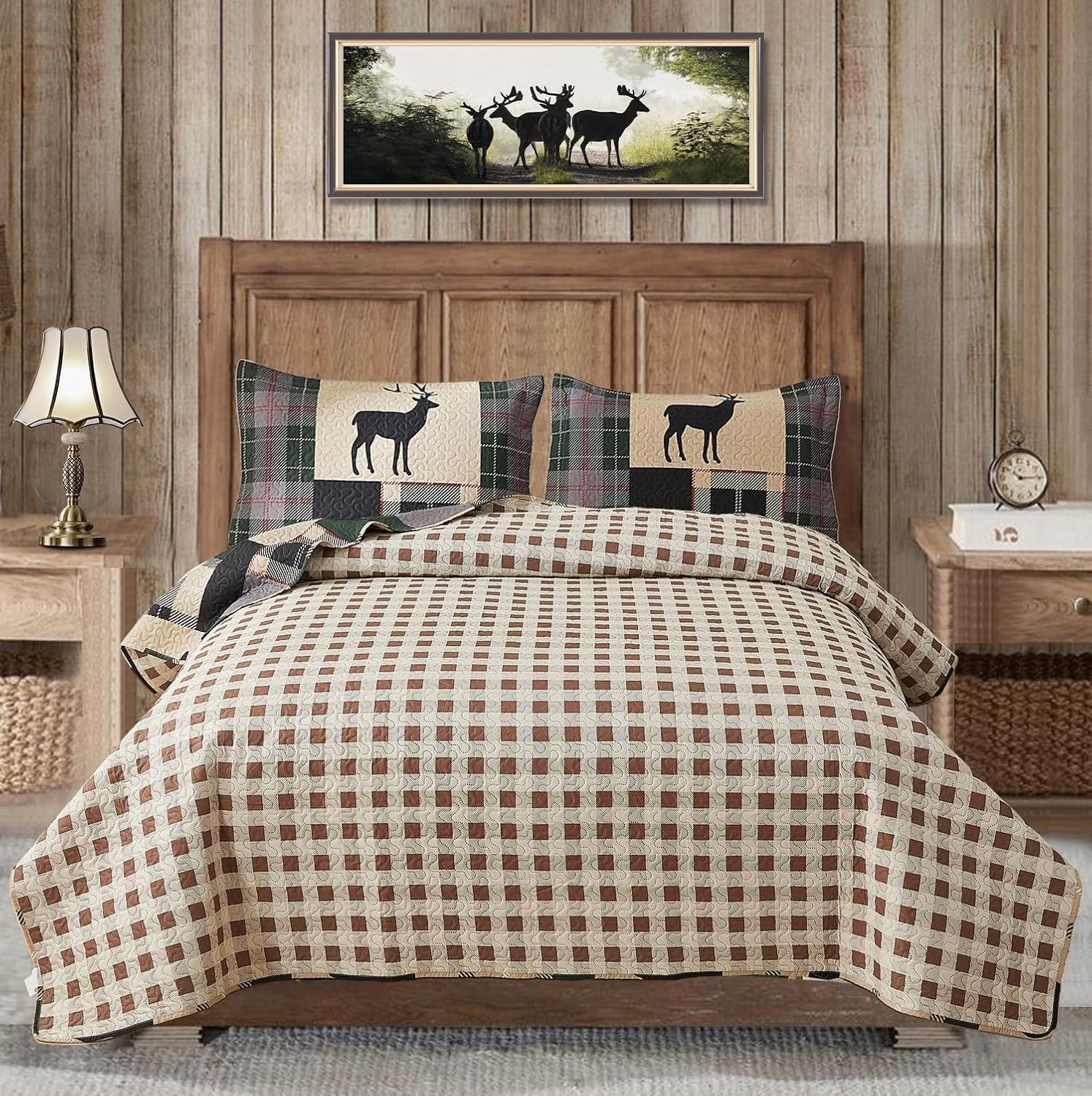 Lodge Quilt Set Full/QUEEN Size Plaid Patchwork Rustic Cabin Bedding Moose Deer Printed Beige Gingham Grid Bedspread Coverlet Soft Lightweight Reversible All Season Bed Sheet, 1 Quilt 2 Pillow Shams