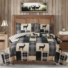 Lodge Quilt Set Full/QUEEN Size Plaid Patchwork Rustic Cabin Bedding Moose Deer Printed Beige Gingham Grid Bedspread Coverlet Soft Lightweight Reversible All Season Bed Sheet, 1 Quilt 2 Pillow Shams