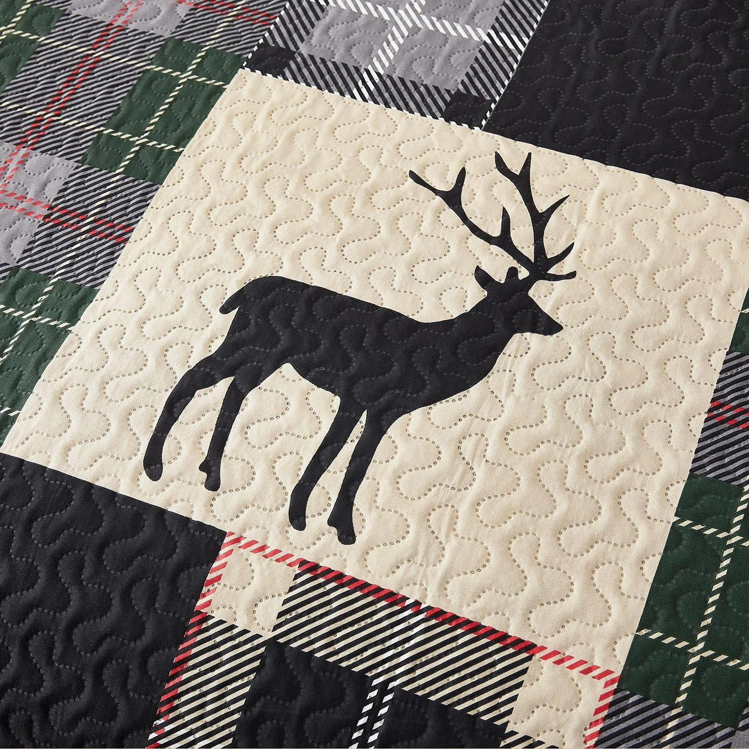 Lodge Quilt Set Full/QUEEN Size Plaid Patchwork Rustic Cabin Bedding Moose Deer Printed Beige Gingham Grid Bedspread Coverlet Soft Lightweight Reversible All Season Bed Sheet, 1 Quilt 2 Pillow Shams