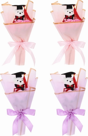 LOGOFUN 4Pcs Graduation Bear Bouquet Bear Doll Flower Bouquet Plush Bears Bouquets for 2025 Graduation Party Favor - Pink Purple