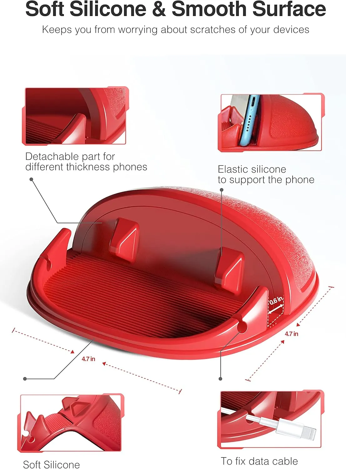 Loncaster Car Phone Holder, Car Phone Mount Silicone Car Pad Mat for Various Dashboards, Slip Free Desk Phone Stand Compatible with iPhone, Samsung, Android Smartphones, GPS Devices and More (Red)