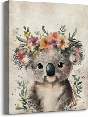 Lovely Koala Portrait Canvas Wall Art Cute Koala Bear with Floral Garland Poster Painting Retro Animal Pictures Prints Artwork for Kid's Room Bedroom Nursery Wall Decor Housewarming Gift 12"x16"
