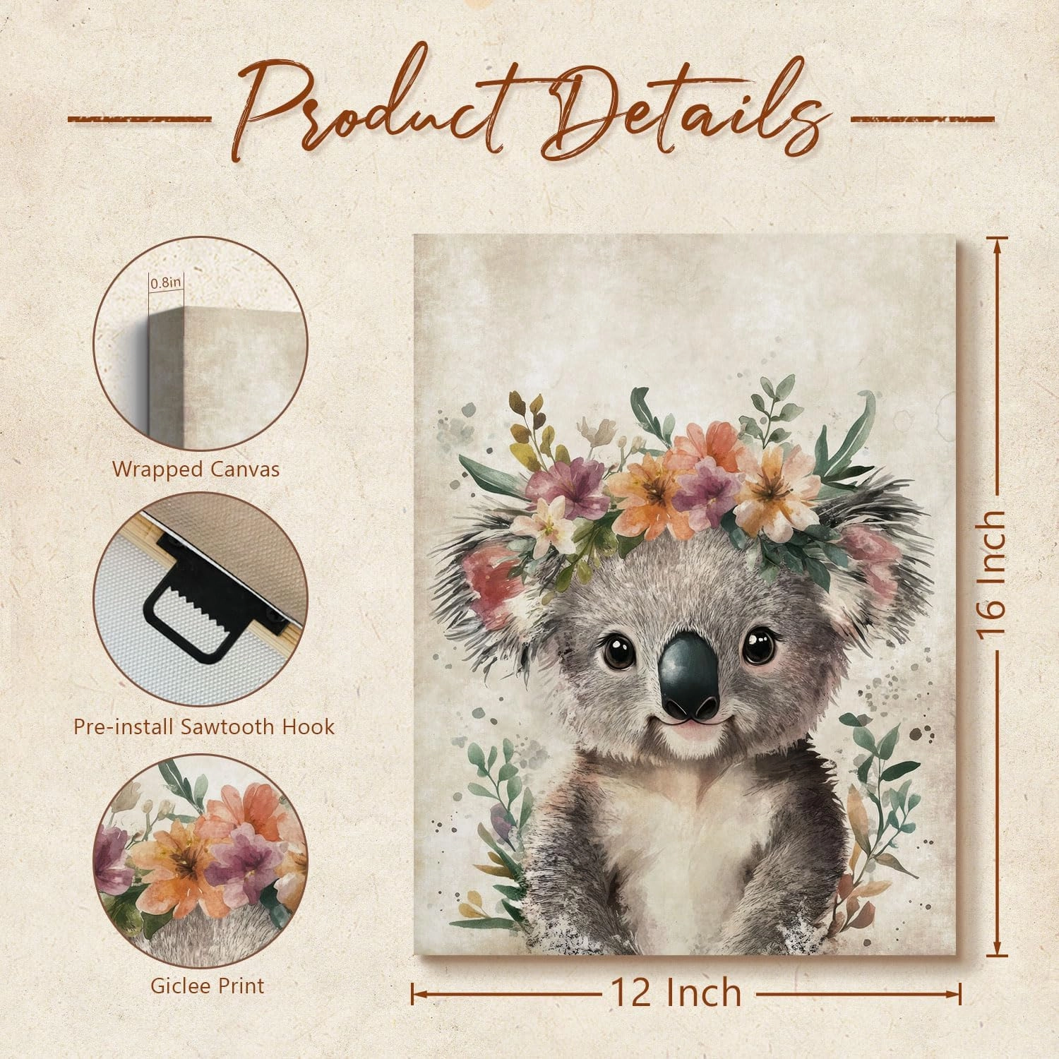 Lovely Koala Portrait Canvas Wall Art Cute Koala Bear with Floral Garland Poster Painting Retro Animal Pictures Prints Artwork for Kid's Room Bedroom Nursery Wall Decor Housewarming Gift 12"x16"
