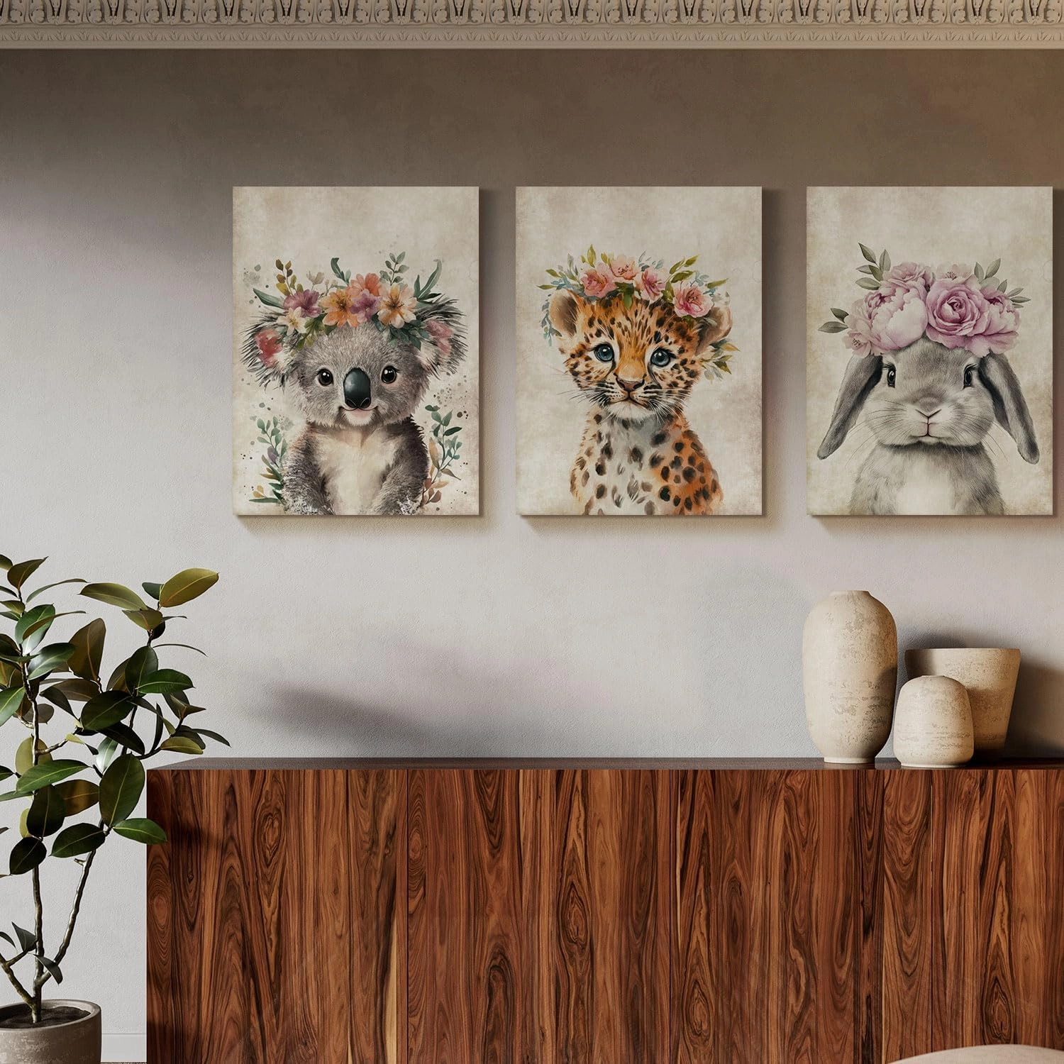 Lovely Koala Portrait Canvas Wall Art Cute Koala Bear with Floral Garland Poster Painting Retro Animal Pictures Prints Artwork for Kid's Room Bedroom Nursery Wall Decor Housewarming Gift 12"x16"