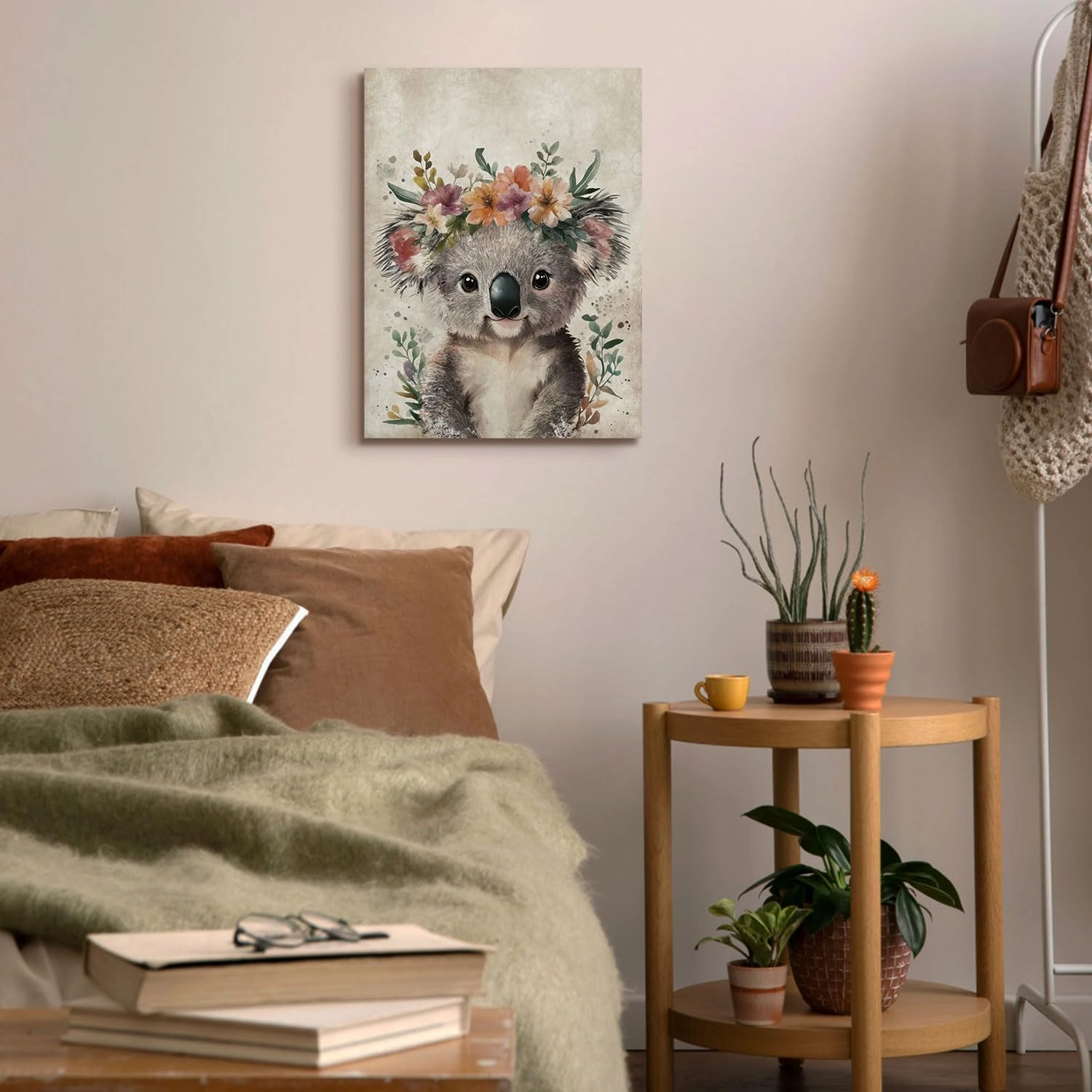Lovely Koala Portrait Canvas Wall Art Cute Koala Bear with Floral Garland Poster Painting Retro Animal Pictures Prints Artwork for Kid's Room Bedroom Nursery Wall Decor Housewarming Gift 12"x16"
