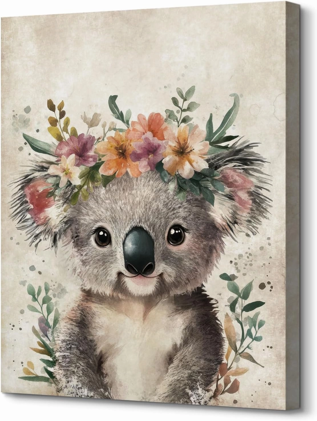Lovely Koala Portrait Canvas Wall Art Cute Koala Bear with Floral Garland Poster Painting Retro Animal Pictures Prints Artwork for Kid's Room Bedroom Nursery Wall Decor Housewarming Gift 12"x16"