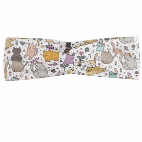 Lunarable Cat Lover Headband for Women, Feline Animals in Different Moods Crying Sleepy Smiling Unicorn Purr Graphic, Elastic Comfy Hair Accessory Knotted Head Wrap Everyday Use, XS-S, Multicolor