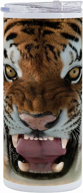 Lunarable Savannah 12 Oz Skinny Tumbler, Siberian Tiger Roar Golden Yellow Eyes Attack Predator White Background, Vacuum Insulated Travel Canteen Cup Leakproof for Travel Picnic, Amber White and Black