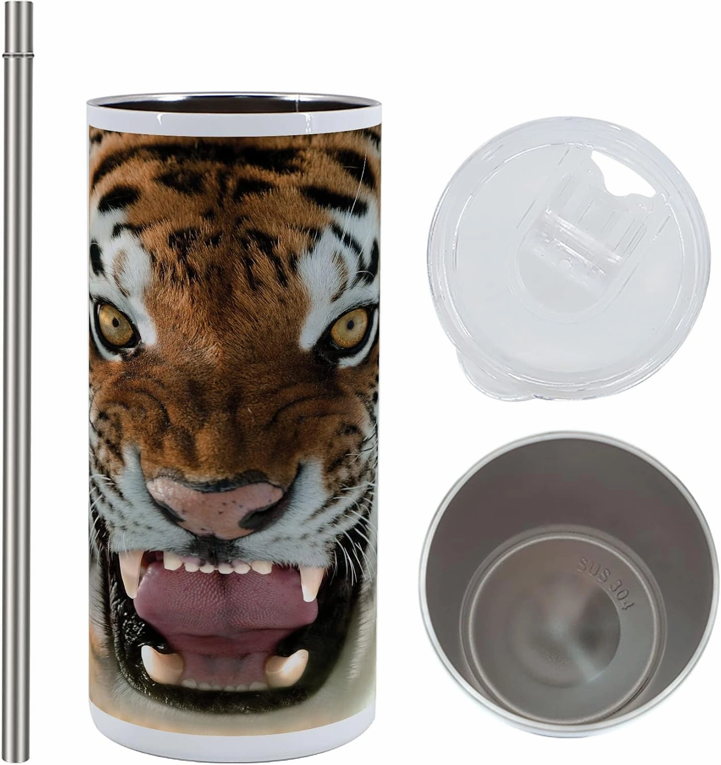 Lunarable Savannah 12 Oz Skinny Tumbler, Siberian Tiger Roar Golden Yellow Eyes Attack Predator White Background, Vacuum Insulated Travel Canteen Cup Leakproof for Travel Picnic, Amber White and Black