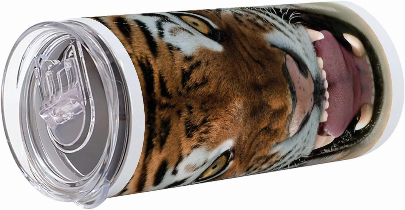 Lunarable Savannah 12 Oz Skinny Tumbler, Siberian Tiger Roar Golden Yellow Eyes Attack Predator White Background, Vacuum Insulated Travel Canteen Cup Leakproof for Travel Picnic, Amber White and Black
