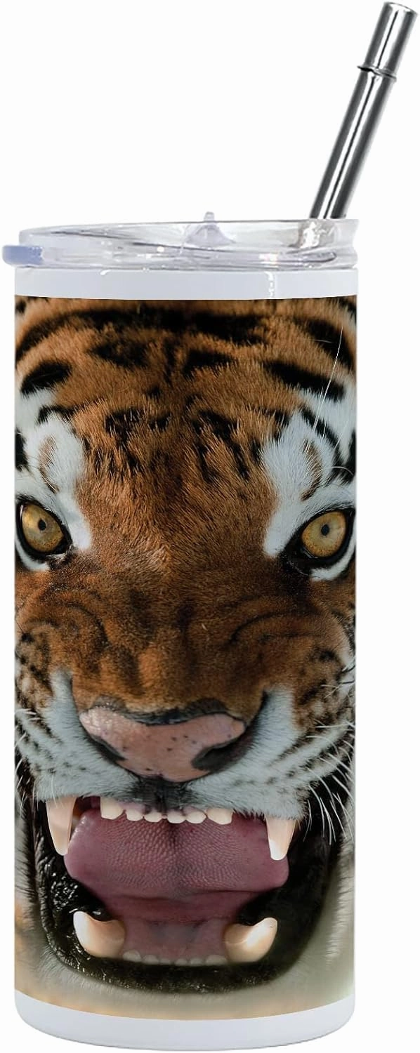 Lunarable Savannah 12 Oz Skinny Tumbler, Siberian Tiger Roar Golden Yellow Eyes Attack Predator White Background, Vacuum Insulated Travel Canteen Cup Leakproof for Travel Picnic, Amber White and Black