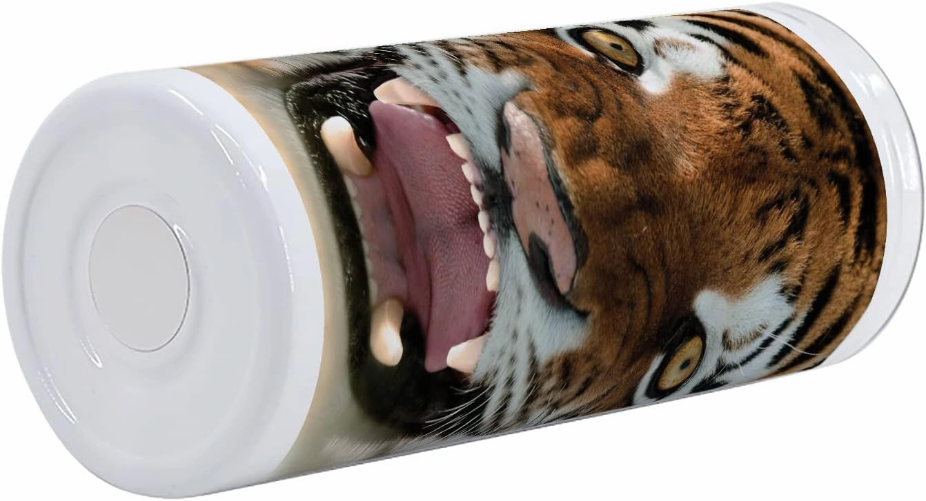 Lunarable Savannah 12 Oz Skinny Tumbler, Siberian Tiger Roar Golden Yellow Eyes Attack Predator White Background, Vacuum Insulated Travel Canteen Cup Leakproof for Travel Picnic, Amber White and Black