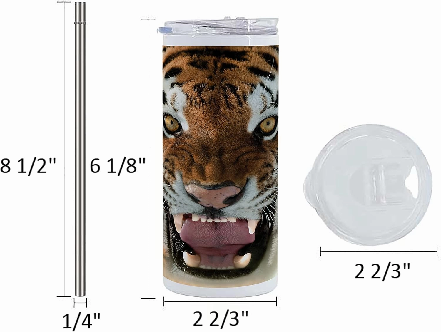 Lunarable Savannah 12 Oz Skinny Tumbler, Siberian Tiger Roar Golden Yellow Eyes Attack Predator White Background, Vacuum Insulated Travel Canteen Cup Leakproof for Travel Picnic, Amber White and Black