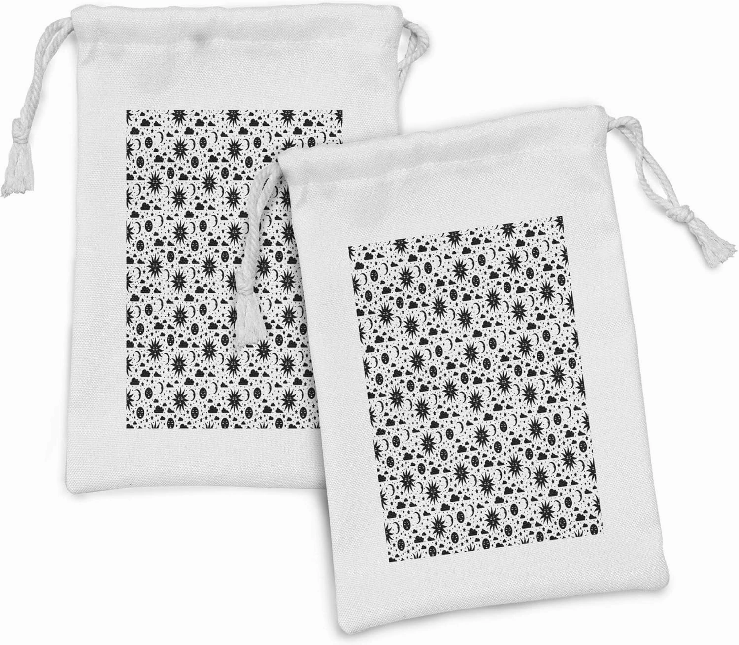 Lunarable Sky Fabric Pouch Set of 2, Monochromatic Design Pattern with Sun Moon Clouds and Stars with Face, Small Drawstring Bag for Toiletries Masks and Favors, 9" x 6", Charcoal Grey and White