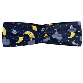 Lunarable Sky Headband for Women, Night Theme with Crescent Moon Sleepy Clouds and Stars Bedtime Bird Characters, Elastic Comfy Hair Accessory Knotted Head Wrap Everyday Use, XS-S, Multicolor
