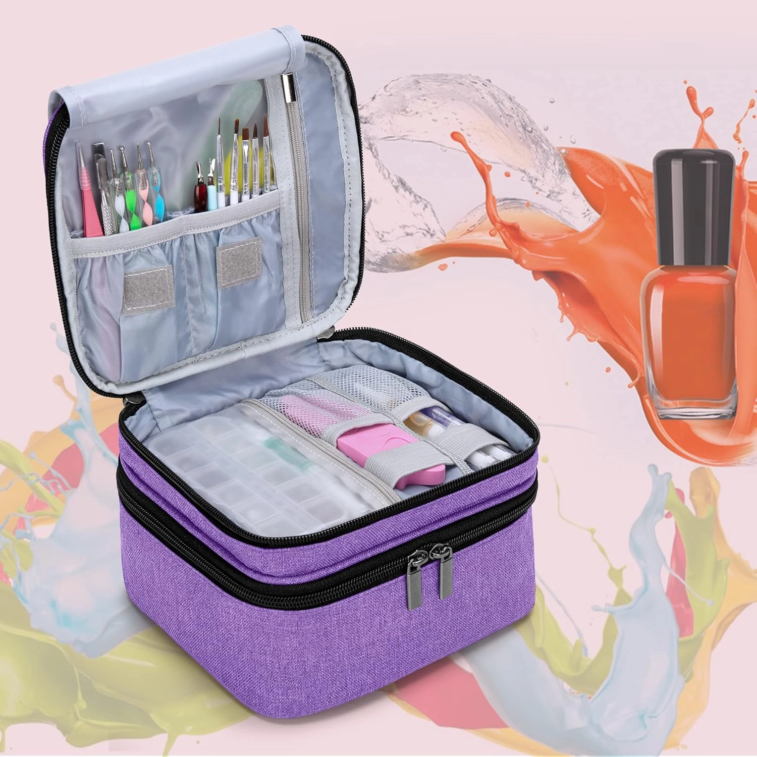 LUXJA Nail Polish Carrying Case - Holds 20 Bottles (15ml - 0.5 fl.oz), Double-layer Organizer for Nail Polish and Manicure Set, Purple