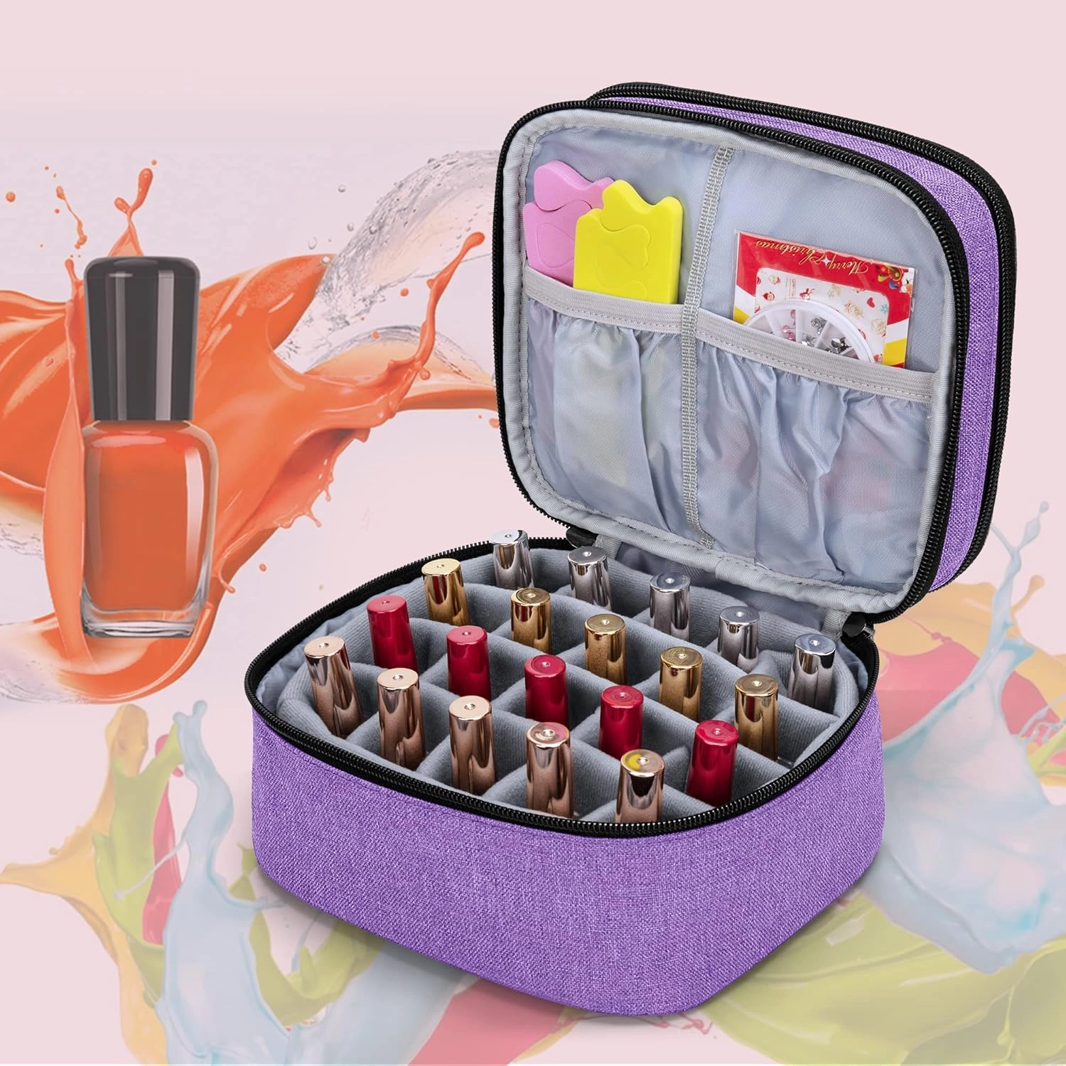 LUXJA Nail Polish Carrying Case - Holds 20 Bottles (15ml - 0.5 fl.oz), Double-layer Organizer for Nail Polish and Manicure Set, Purple