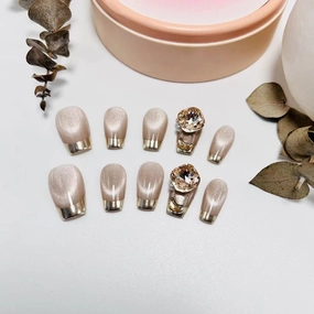 Luxury Gem Custom Cat's Eye Gold Press on nails,Reusable False Nails, Salon Acrylic Nail Kits 10pcs-Small