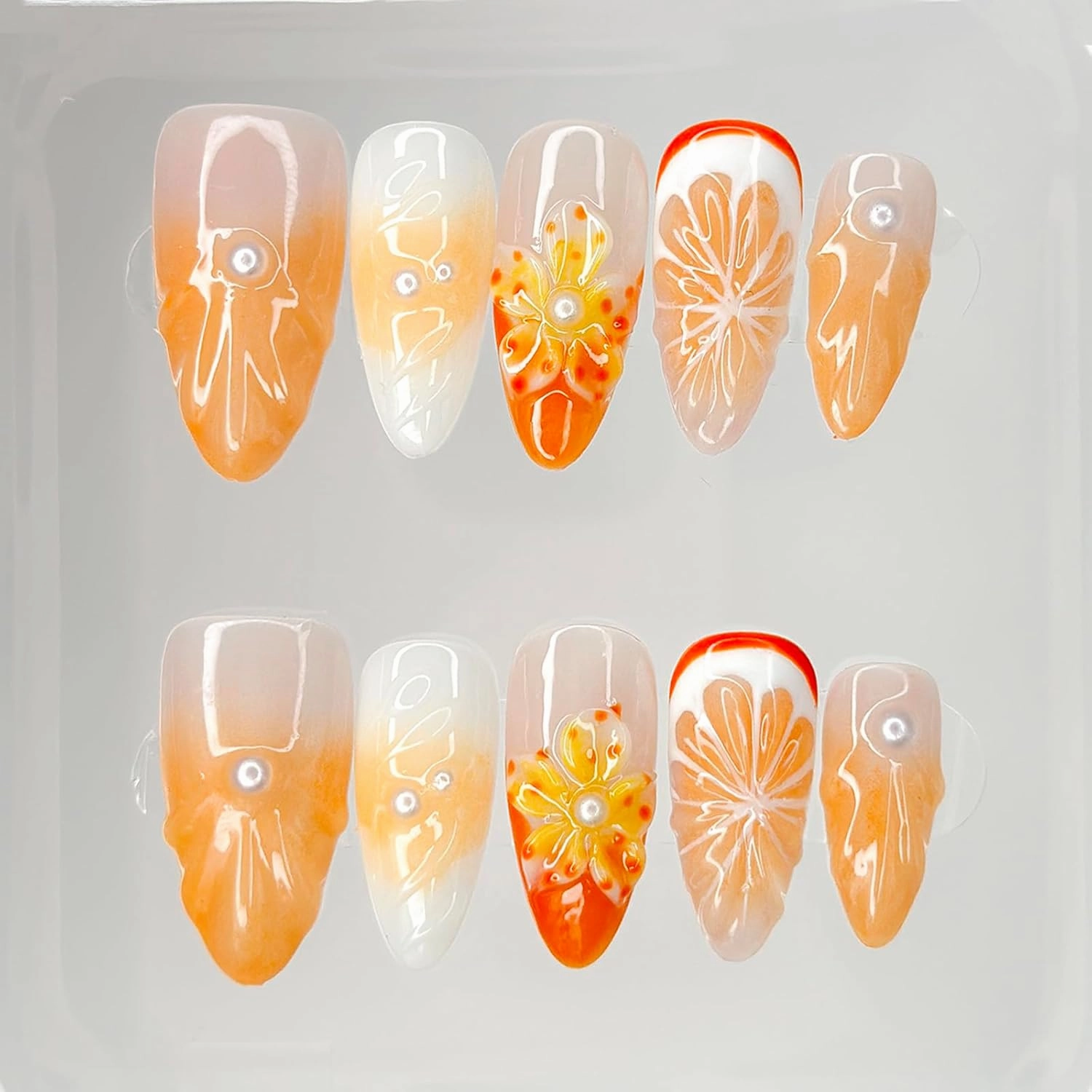 Luxury Press on Nails Medium Almond Handmade 3D Unique Reusable ABS Material Fake Nails Orange False Nails with Designs Pearls Floral Art Petal Glossy Glue on Nails Thick Acrylic Nails(M)