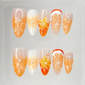 Luxury Press on Nails Medium Almond Handmade 3D Unique Reusable ABS Material Fake Nails Orange False Nails with Designs Pearls Floral Art Petal Glossy Glue on Nails Thick Acrylic Nails(M)