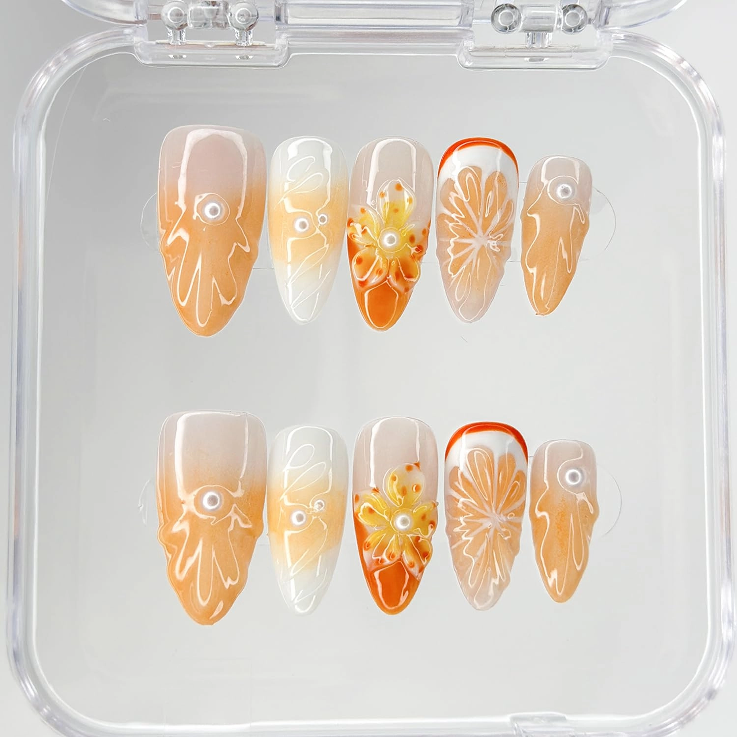 Luxury Press on Nails Medium Almond Handmade 3D Unique Reusable ABS Material Fake Nails Orange False Nails with Designs Pearls Floral Art Petal Glossy Glue on Nails Thick Acrylic Nails(M)