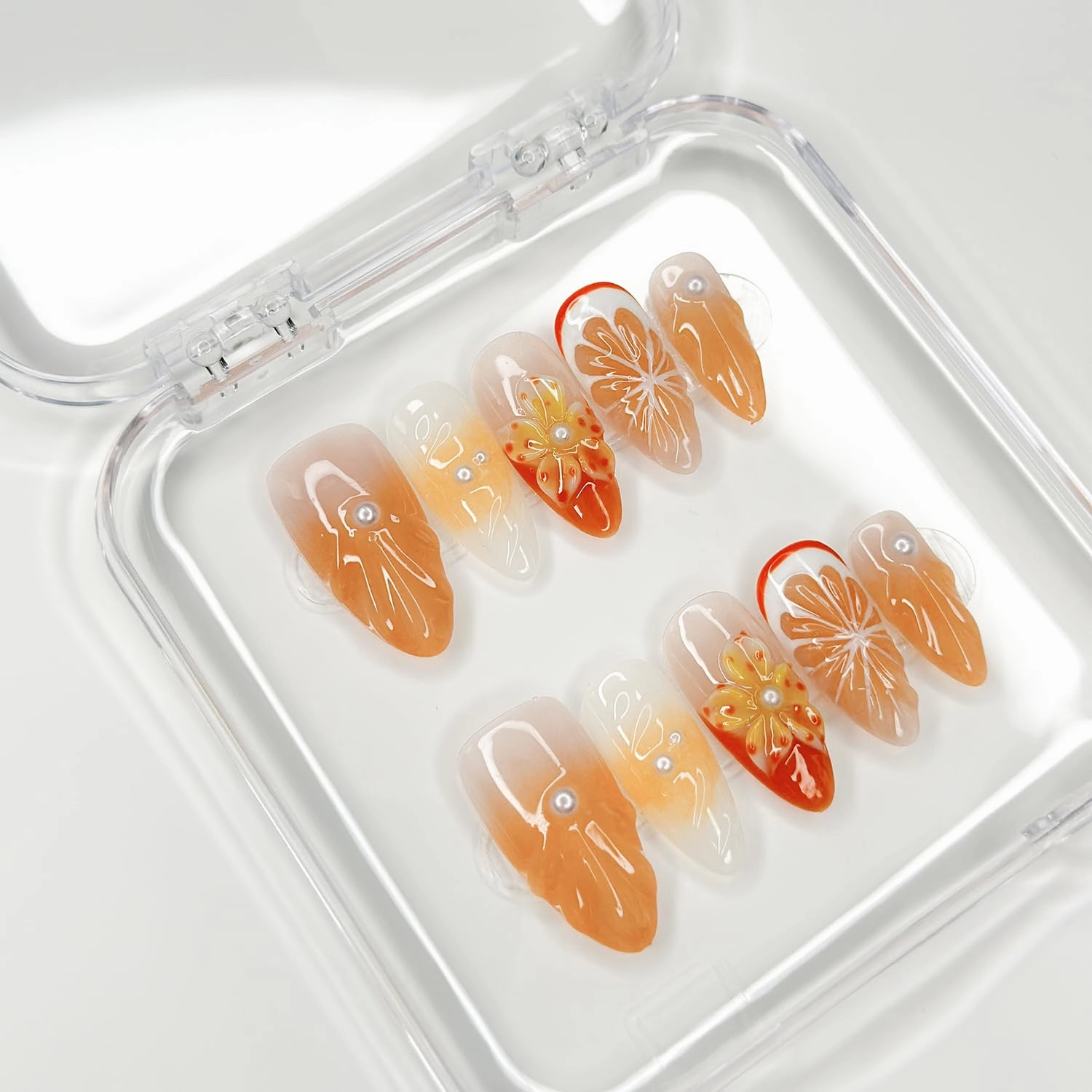 Luxury Press on Nails Medium Almond Handmade 3D Unique Reusable ABS Material Fake Nails Orange False Nails with Designs Pearls Floral Art Petal Glossy Glue on Nails Thick Acrylic Nails(M)