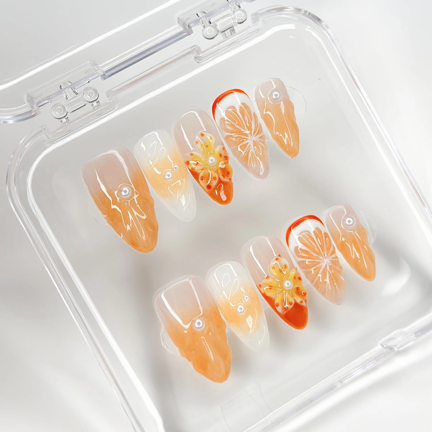 Luxury Press on Nails Medium Almond Handmade 3D Unique Reusable ABS Material Fake Nails Orange False Nails with Designs Pearls Floral Art Petal Glossy Glue on Nails Thick Acrylic Nails(M)