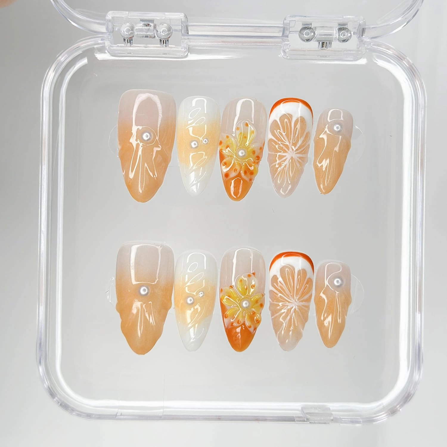 Luxury Press on Nails Medium Almond Handmade 3D Unique Reusable ABS Material Fake Nails Orange False Nails with Designs Pearls Floral Art Petal Glossy Glue on Nails Thick Acrylic Nails(M)