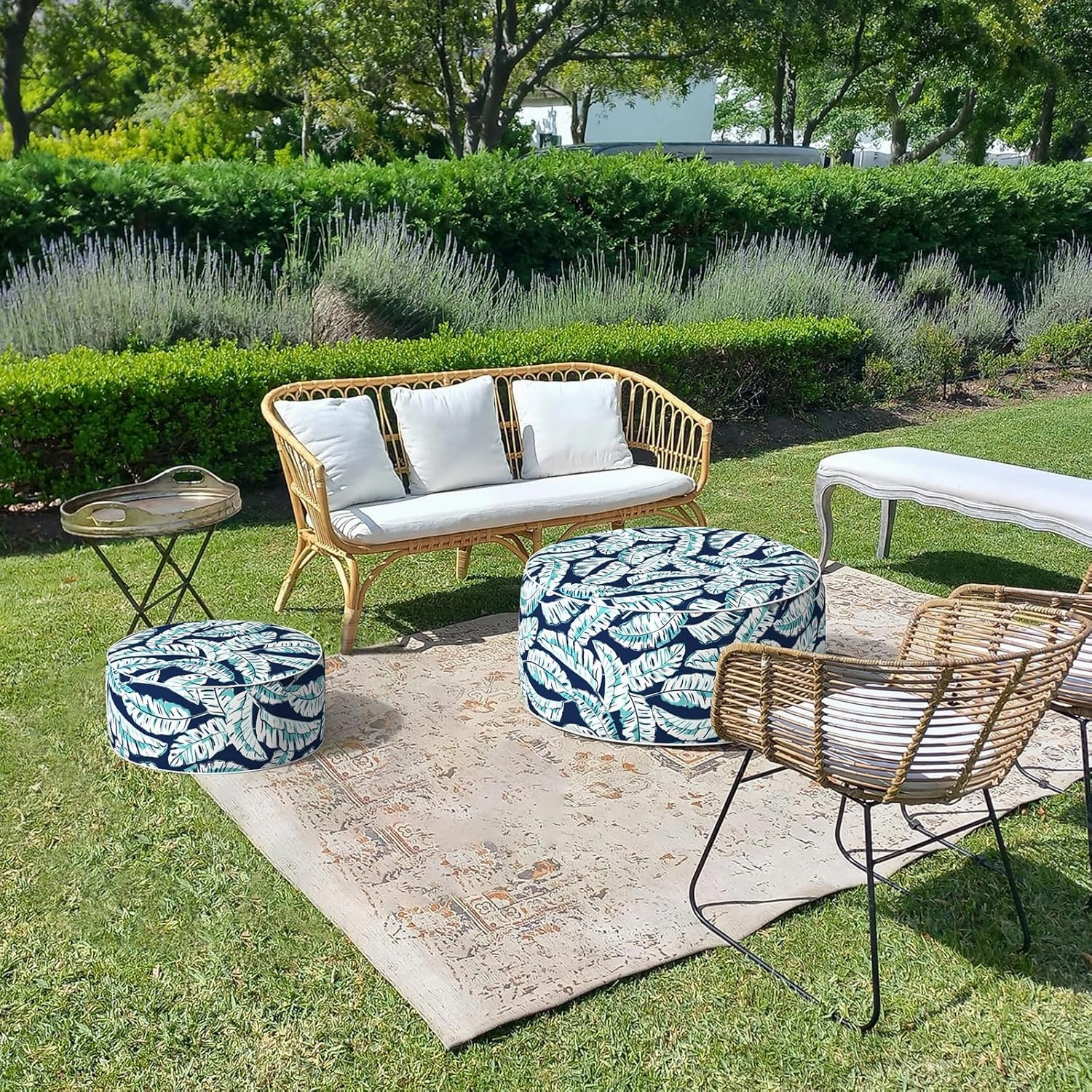 LVTXIII Inflatable Stool Ottoman Footrest with Handle, Decorative Fade-Resistant Foot Stool, Indoor or Outdoor Pouf for Home Garden and Camping Use, D21 x W 21 x H9, Baltic Palms White