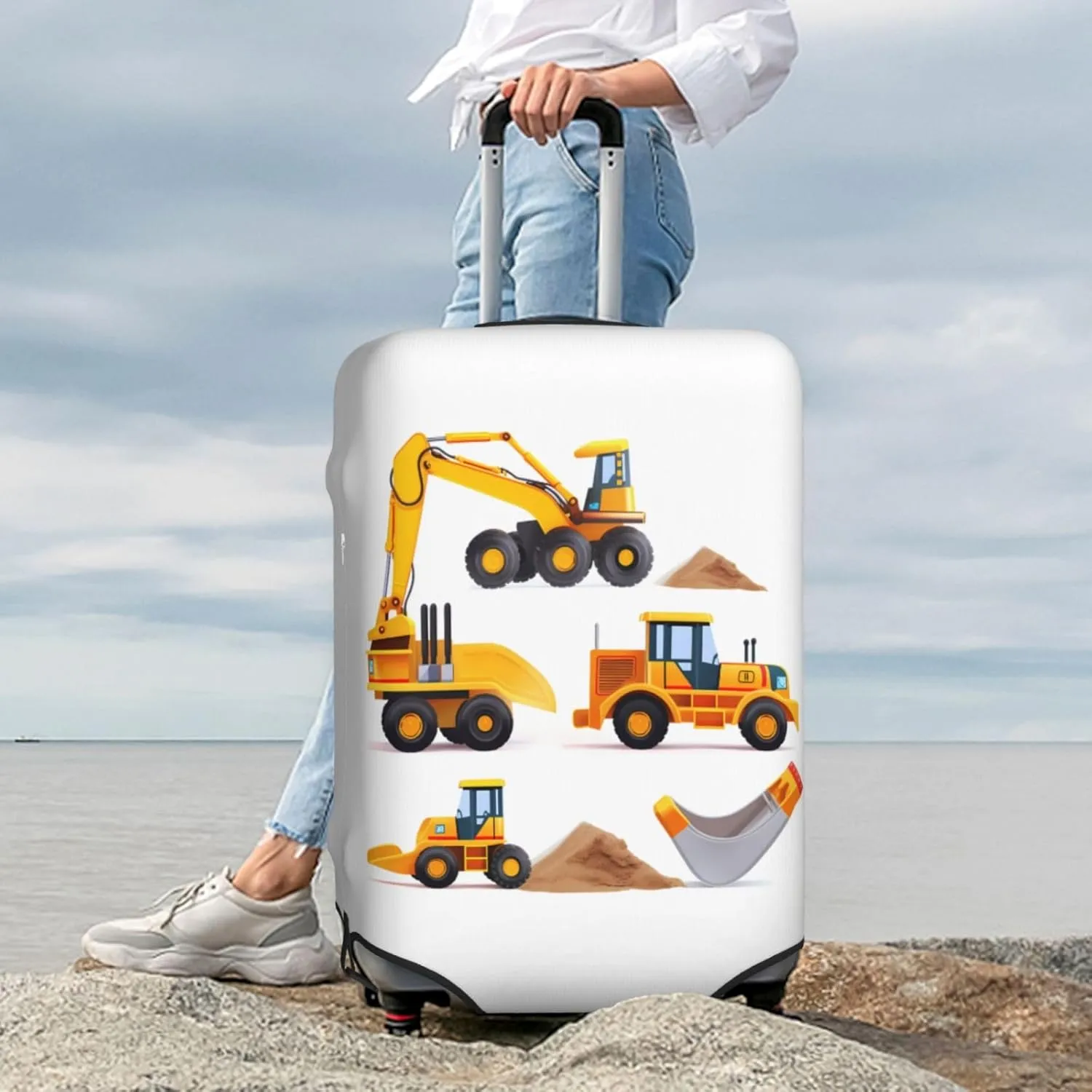 Machinery Excavator Truck and Loader Travel Luggage Suitcase COVER, Cartoon Boy's Toy Washable Suitcase COVERS Elastic, M - Fits 22-24 inch luggage (No Suitcase)