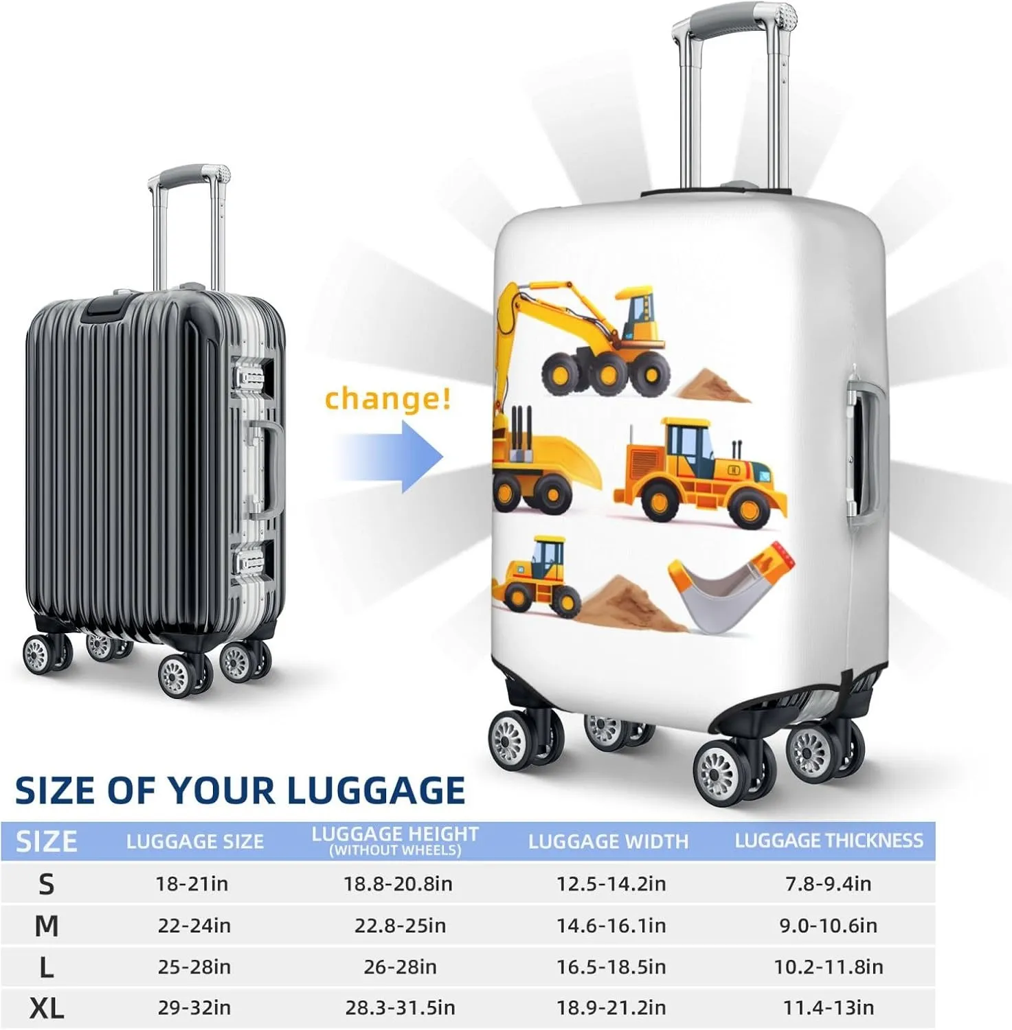 Machinery Excavator Truck and Loader Travel Luggage Suitcase COVER, Cartoon Boy's Toy Washable Suitcase COVERS Elastic, M - Fits 22-24 inch luggage (No Suitcase)